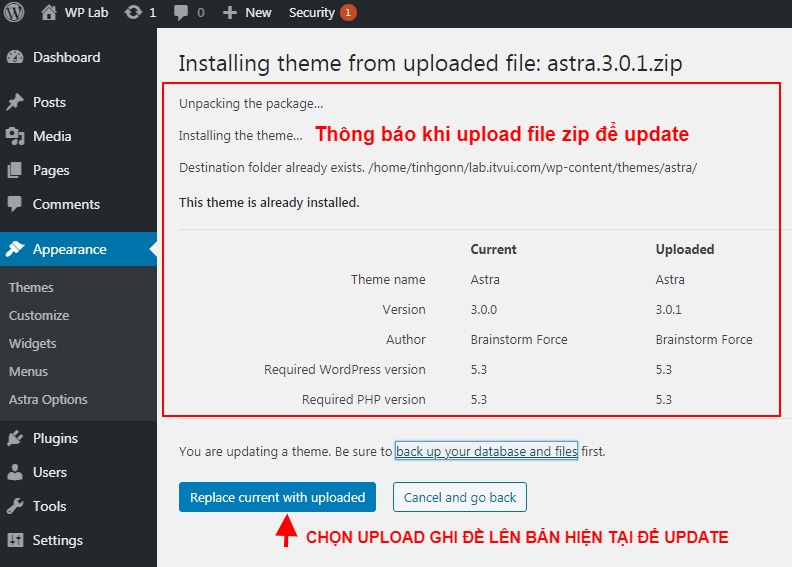 Thông báo khi update file zip để nâng cấp theme - plugins
